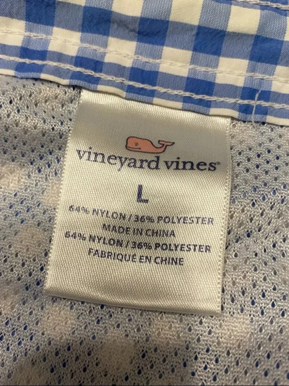 Vineyard Vines blue white gingham check bonefish embroidered Cabana swim trunks